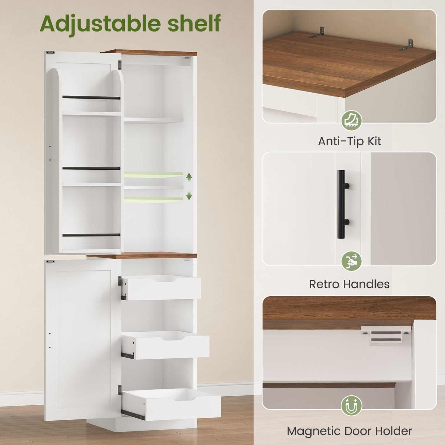 Itaar Narrow Kitchen Pantry Cabinet with 3 Door Shelves 3 Drawer