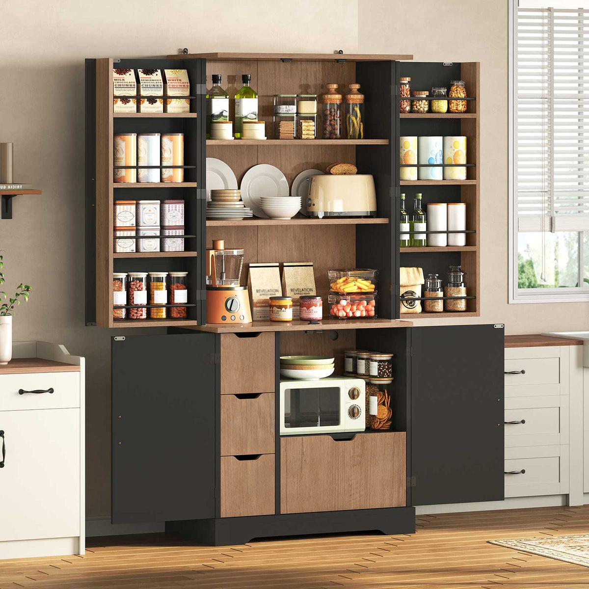 Itaar | 70.9 Inch Kitchen Pantry Cabinet 8 Door Shelves and 4 Drawers