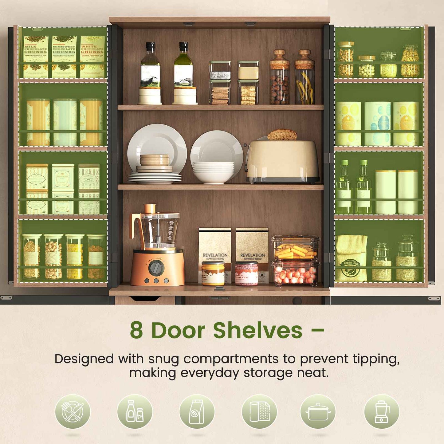 Itaar | 70.9 Inch Kitchen Pantry Cabinet 8 Door Shelves and 4 Drawers