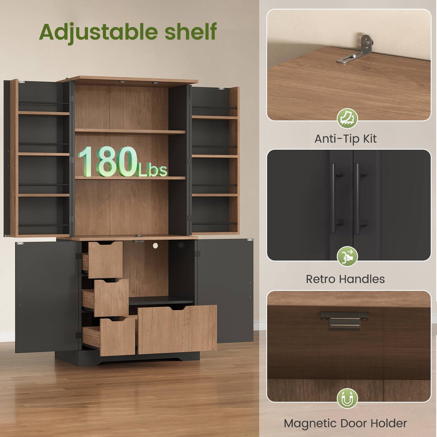Itaar | 70.9 Inch Kitchen Pantry Cabinet 8 Door Shelves and 4 Drawers