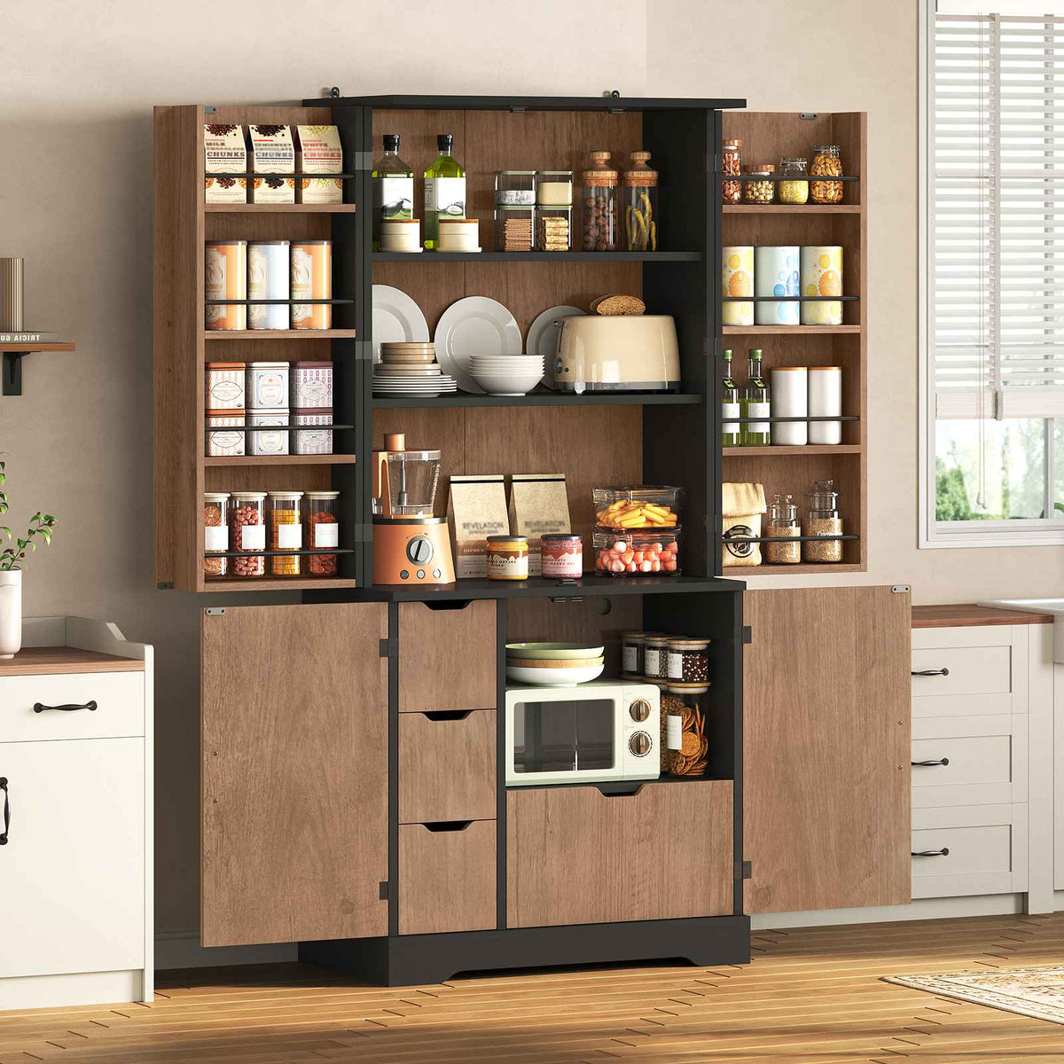 Itaar | 70.9 Inch Kitchen Pantry Cabinet 8 Door Shelves and 4 Drawers