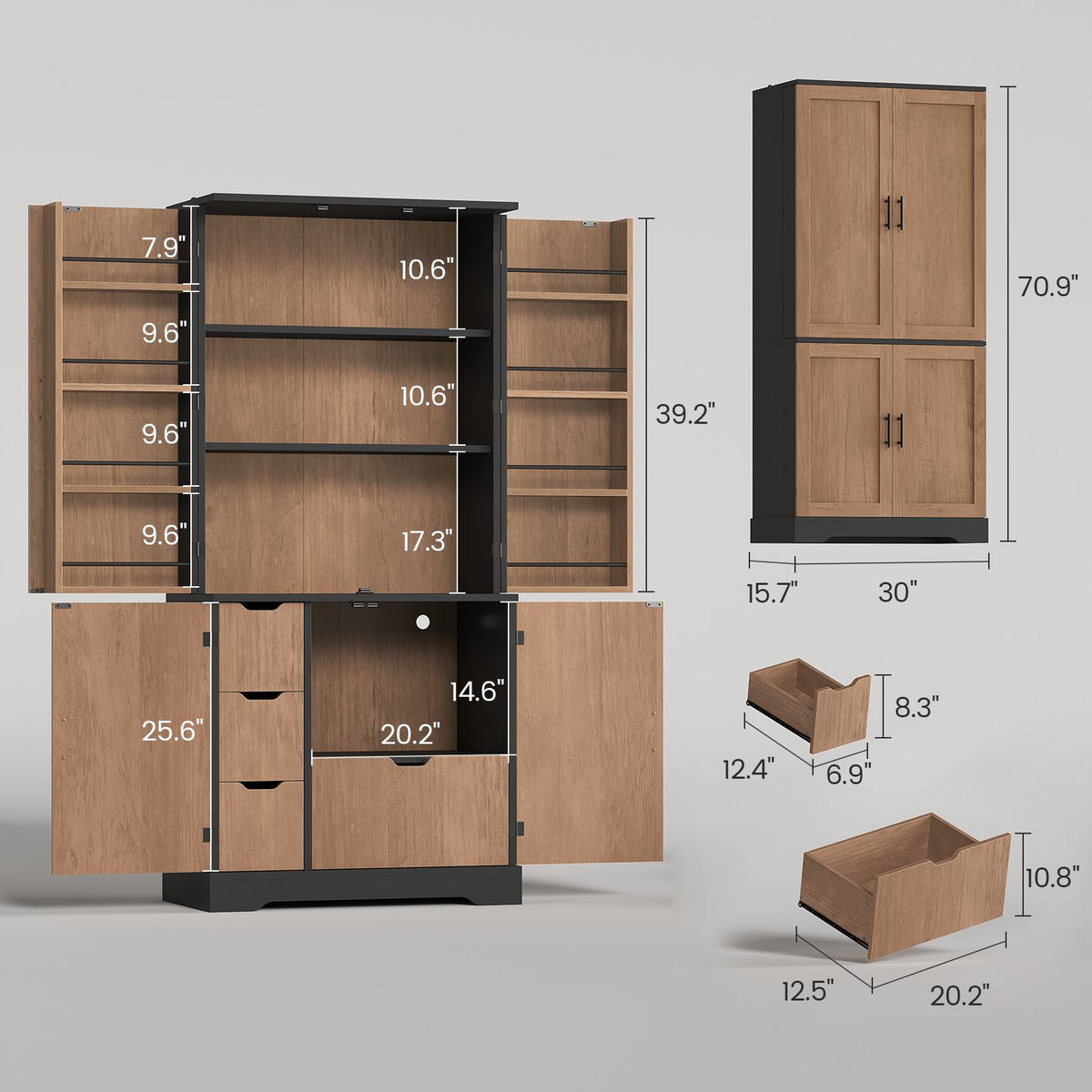 Itaar | 70.9 Inch Kitchen Pantry Cabinet 8 Door Shelves and 4 Drawers