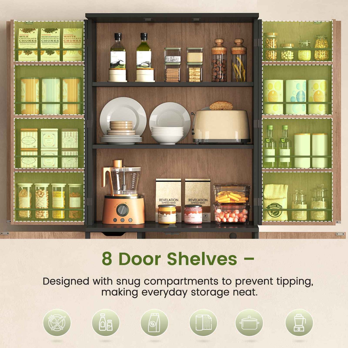 Itaar | 70.9 Inch Kitchen Pantry Cabinet 8 Door Shelves and 4 Drawers