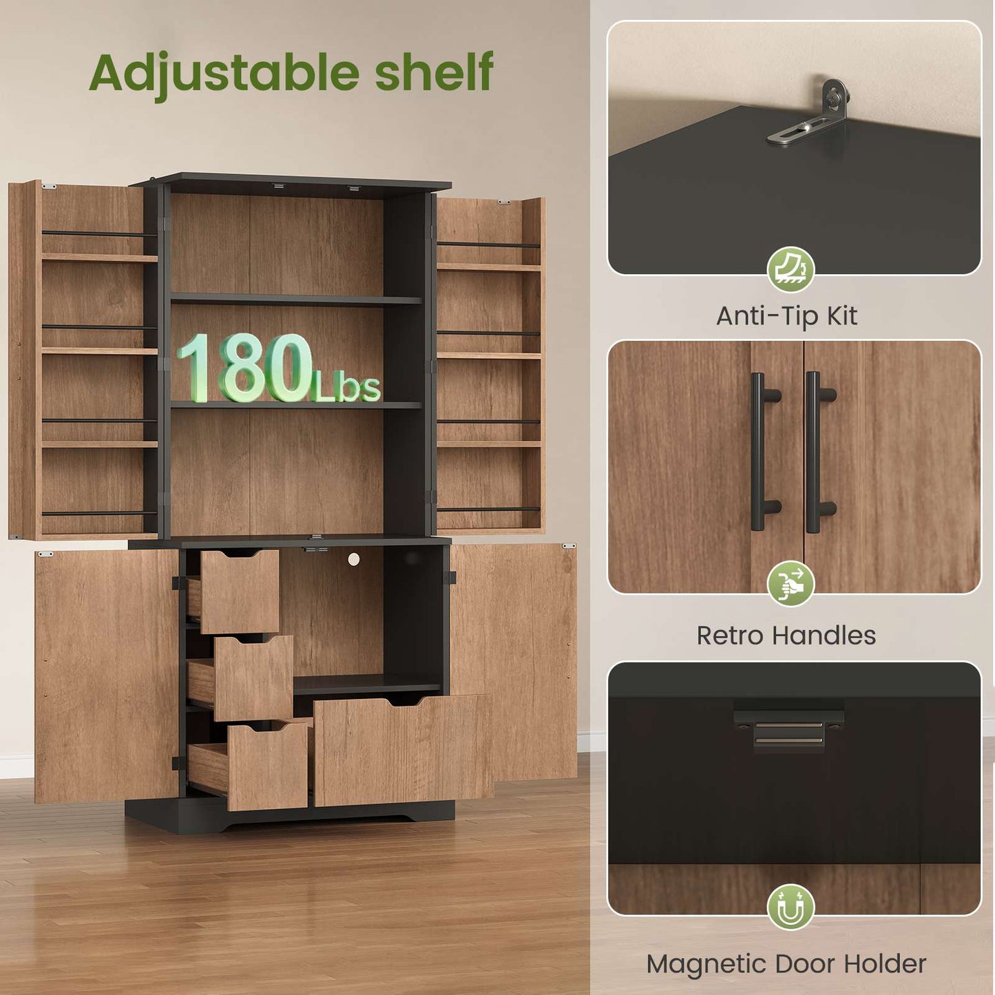 Itaar | 70.9 Inch Kitchen Pantry Cabinet 8 Door Shelves and 4 Drawers