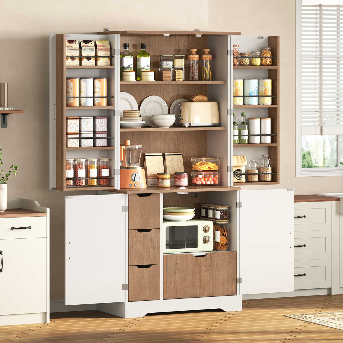 Itaar | 70.9 Inch Kitchen Pantry Cabinet 8 Door Shelves and 4 Drawers