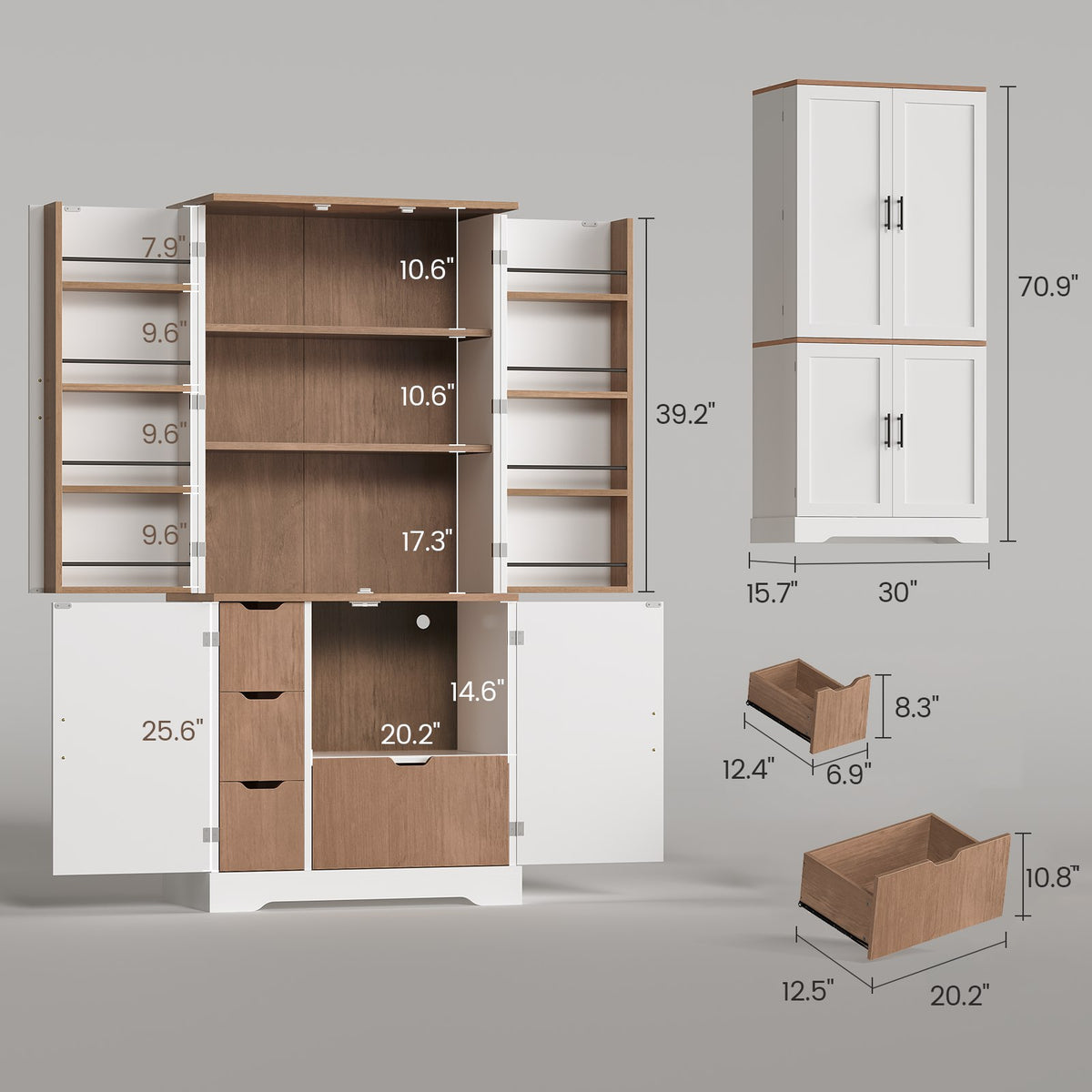 Itaar | 70.9 Inch Kitchen Pantry Cabinet 8 Door Shelves and 4 Drawers