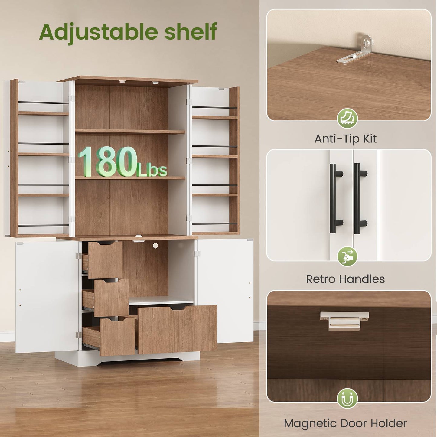 Itaar | 70.9 Inch Kitchen Pantry Cabinet 8 Door Shelves and 4 Drawers