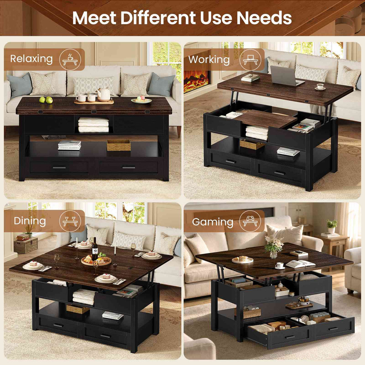 Itaar | 40 Inch Farmhouse Lift Top Coffee Table with 2 Drawers for Living Room