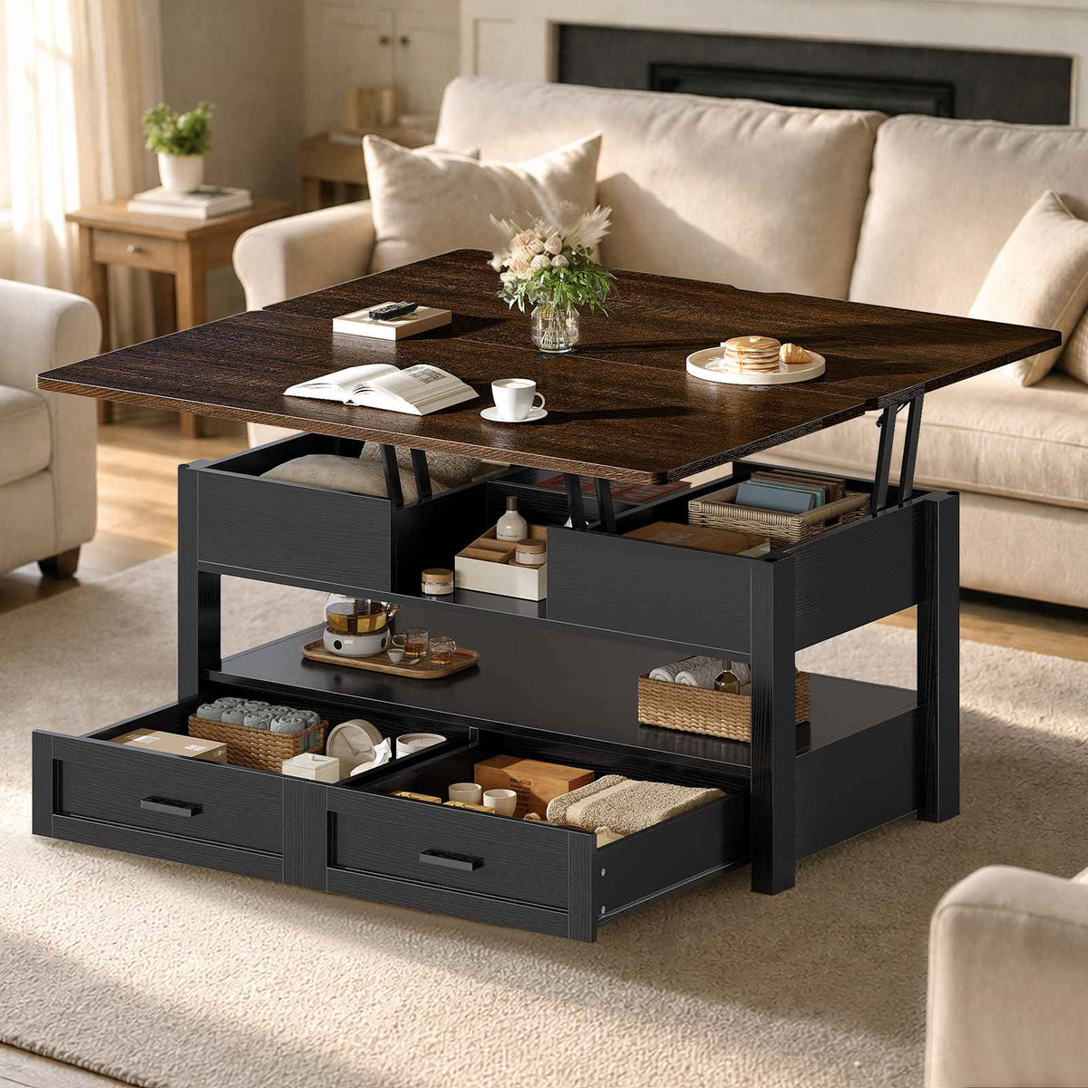 Itaar | 40 Inch Farmhouse Lift Top Coffee Table with 2 Drawers for Living Room
