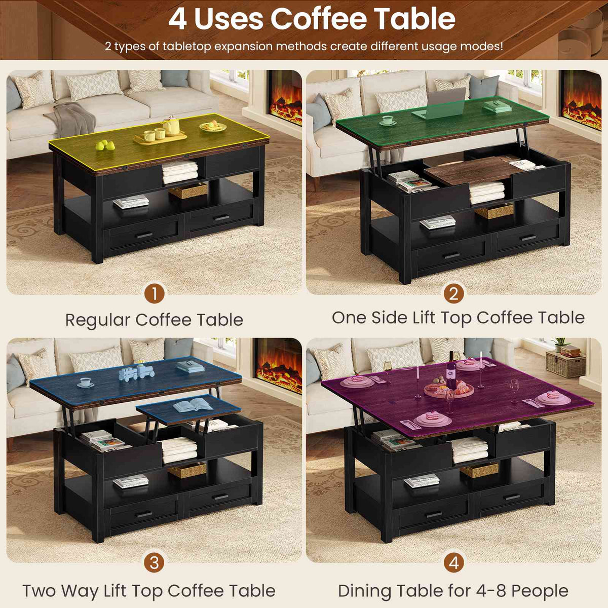 Itaar | 40 Inch Farmhouse Lift Top Coffee Table with 2 Drawers for Living Room