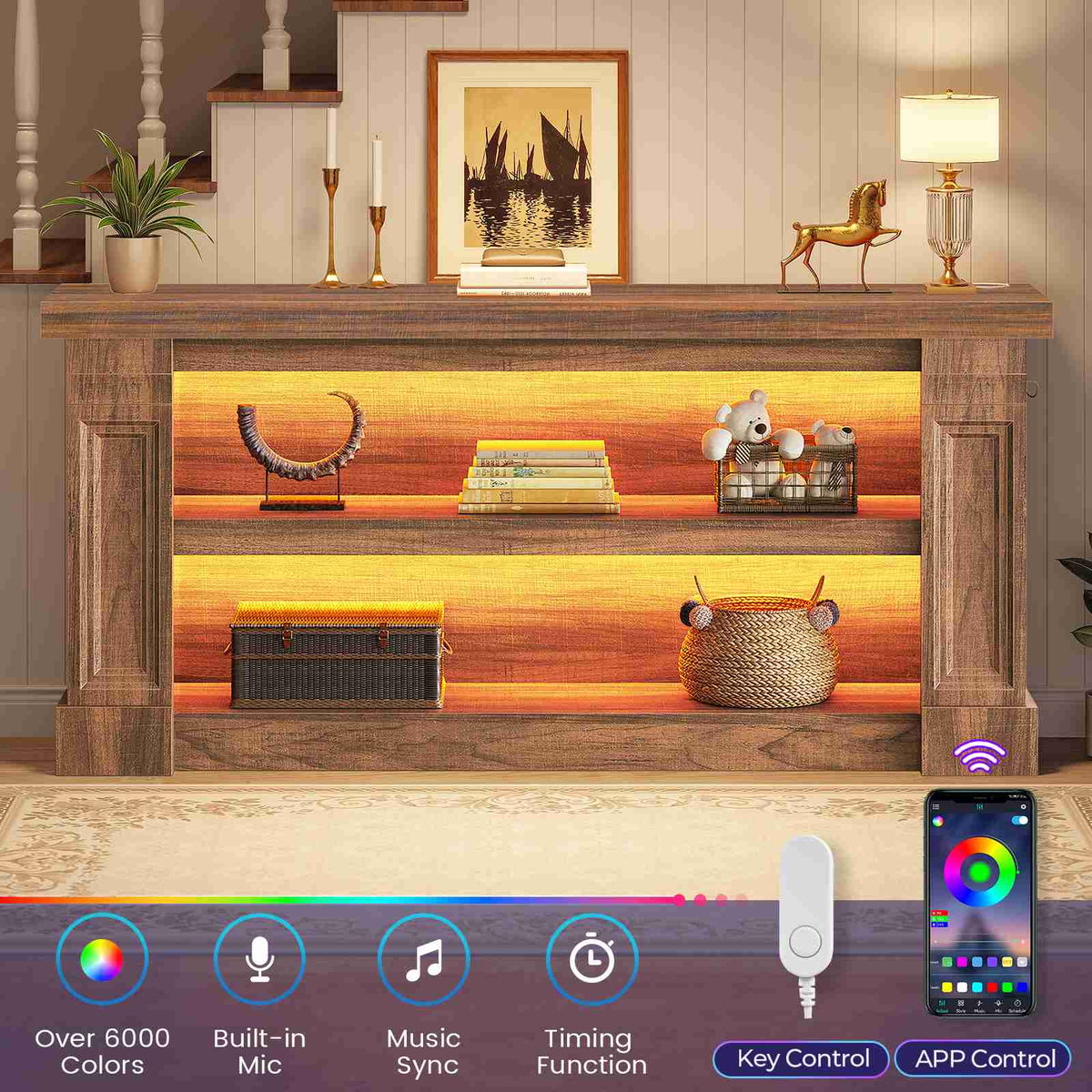 Itaar | 63 Inch Farmhouse Console Table with LED Lights and Charging Station