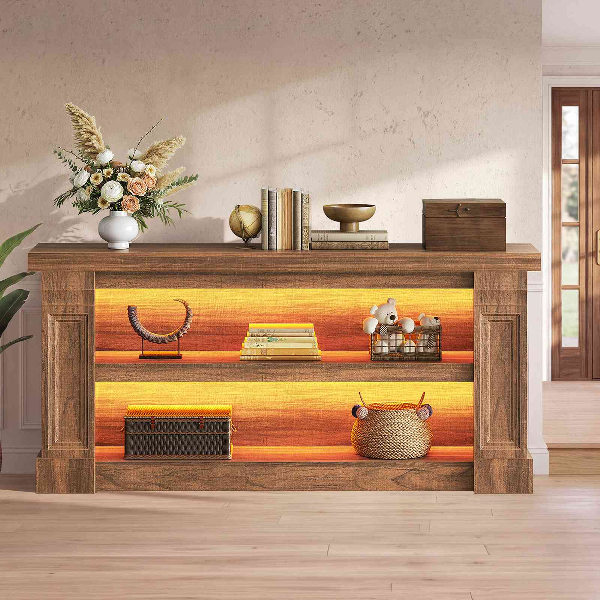 Itaar | 63 Inch Farmhouse Console Table with LED Lights and Charging Station