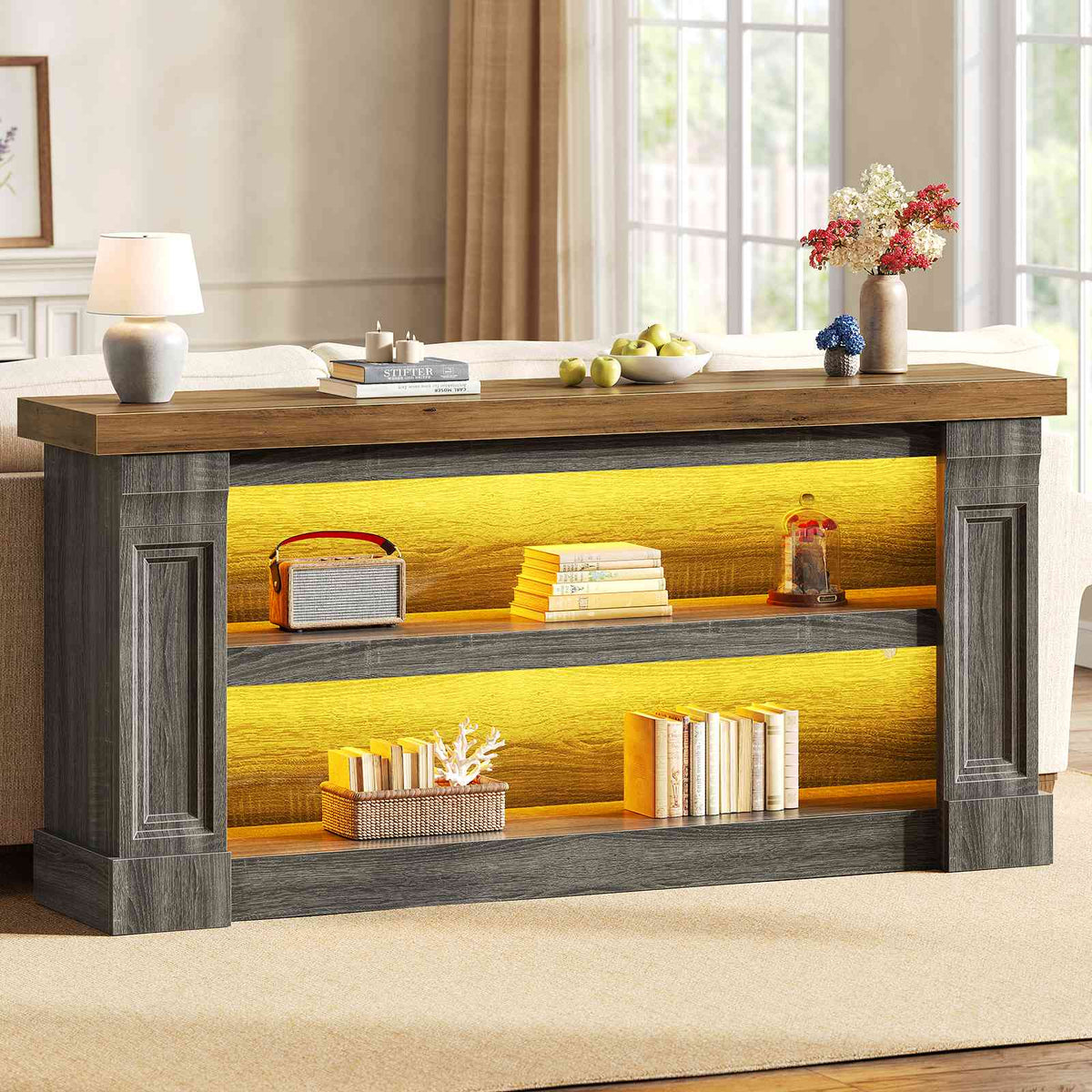 Itaar | 63 Inch Farmhouse Console Table with LED Lights and Charging Station