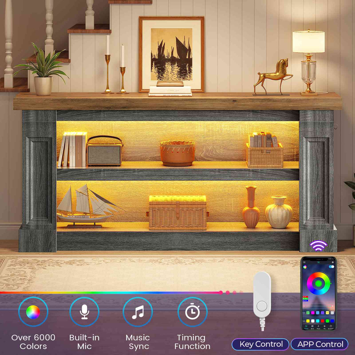 Itaar | 63 Inch Farmhouse Console Table with LED Lights and Charging Station