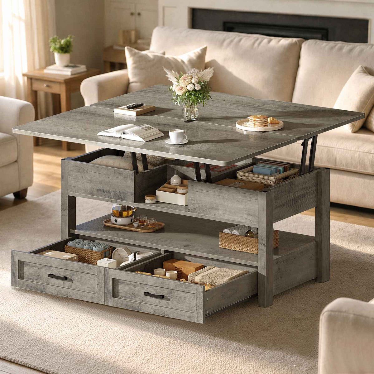 Itaar | 40 Inch Farmhouse Lift Top Coffee Table with 2 Drawers for Living Room