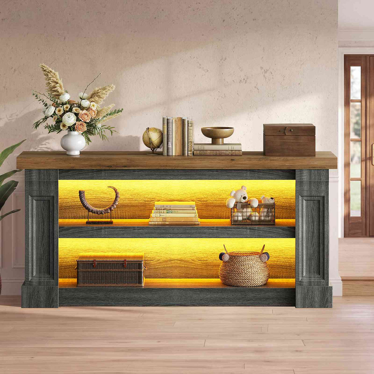 Itaar | 63 Inch Farmhouse Console Table with LED Lights and Charging Station