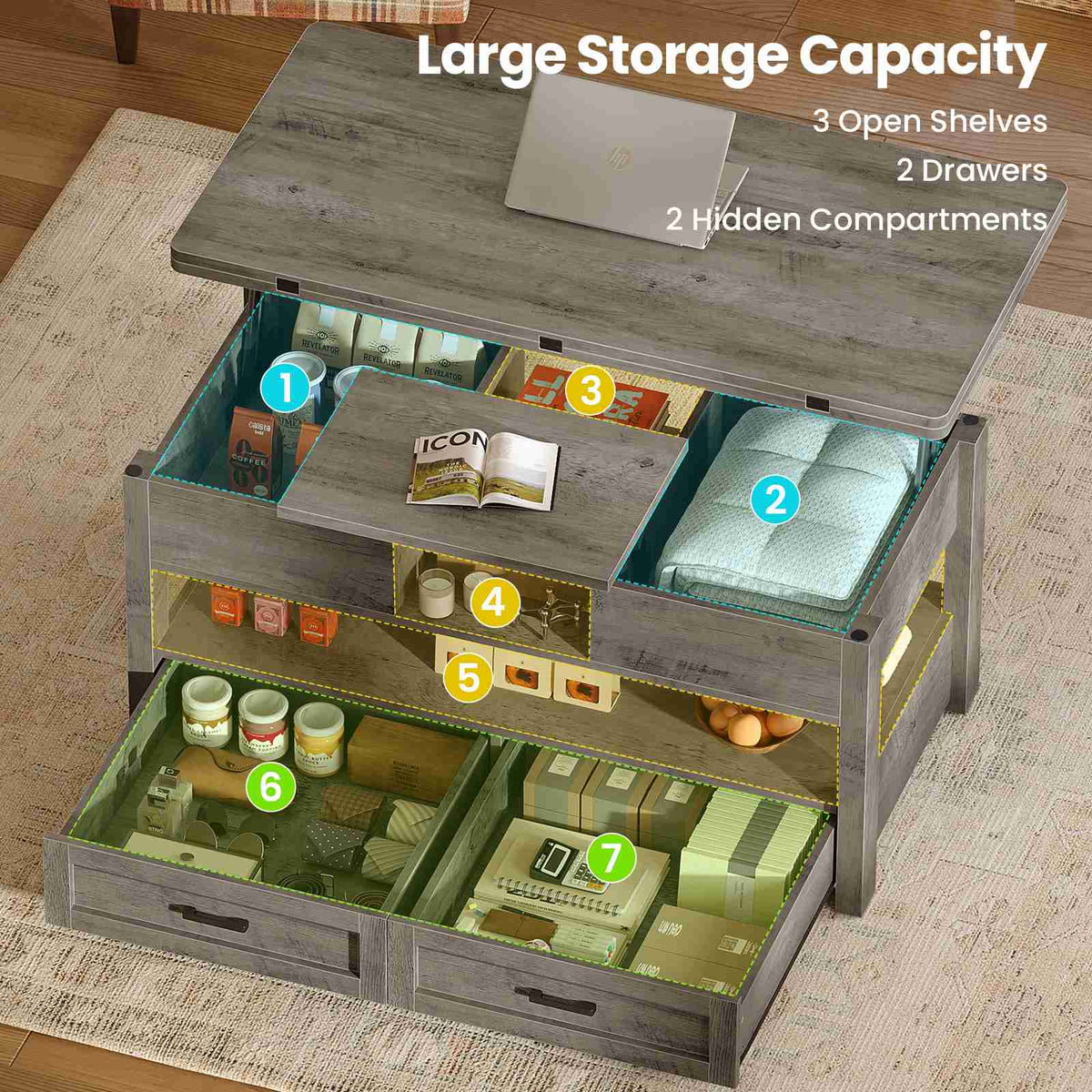 Itaar | 40 Inch Farmhouse Lift Top Coffee Table with 2 Drawers for Living Room