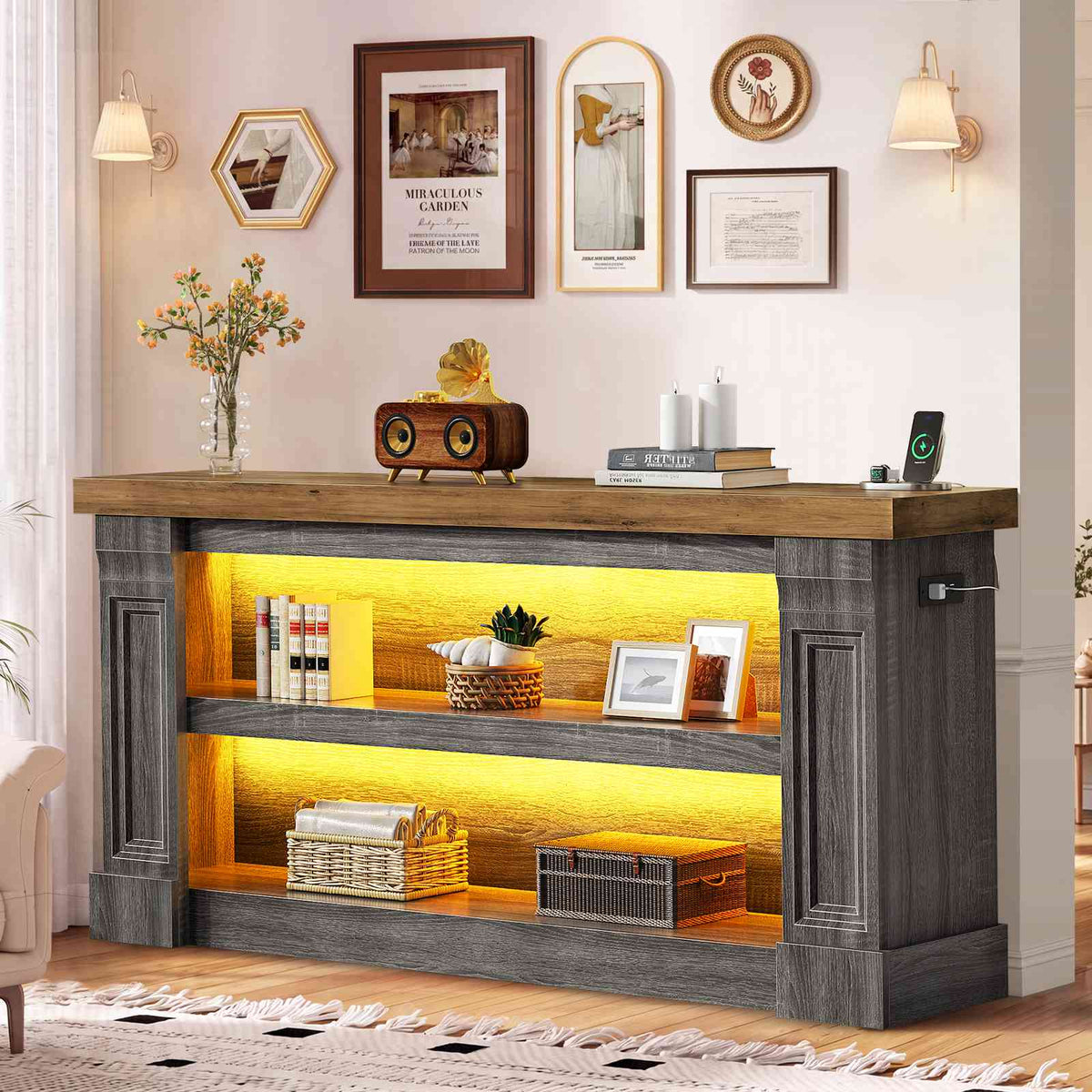 Itaar | 63 Inch Farmhouse Console Table with LED Lights and Charging Station