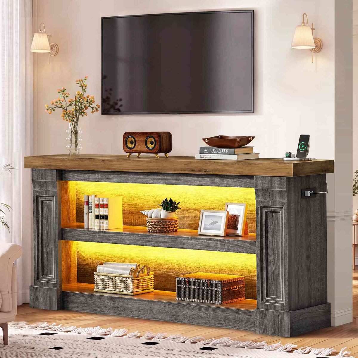 Itaar | 63 Inch Farmhouse Console Table with LED Lights and Charging Station