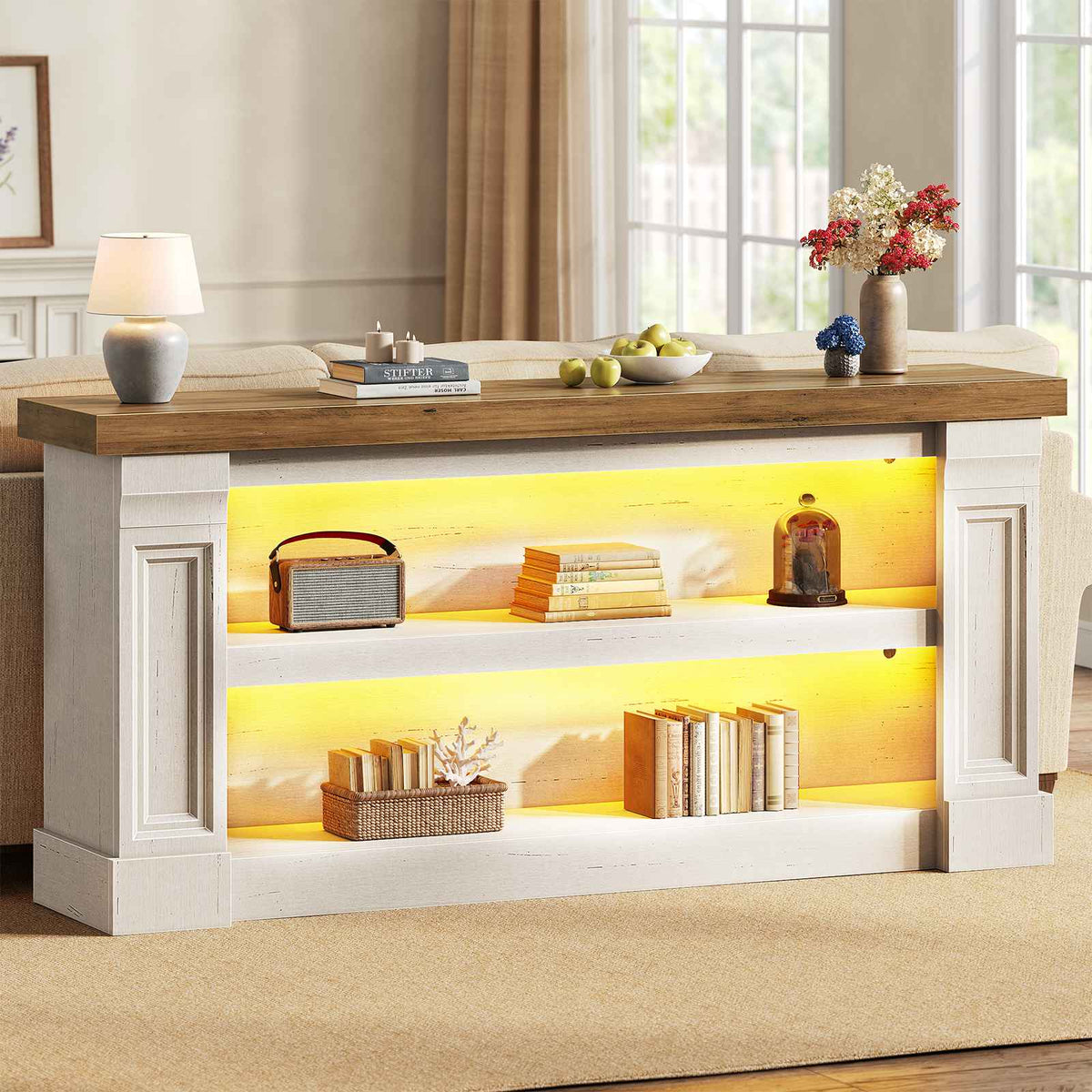 Itaar | 63 Inch Farmhouse Console Table with LED Lights and Charging Station