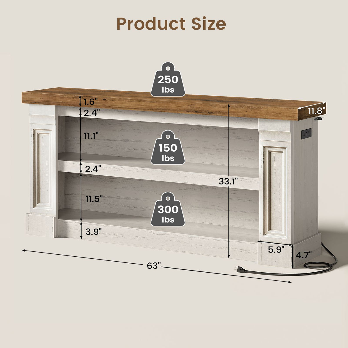 Itaar | 63 Inch Farmhouse Console Table with LED Lights and Charging Station
