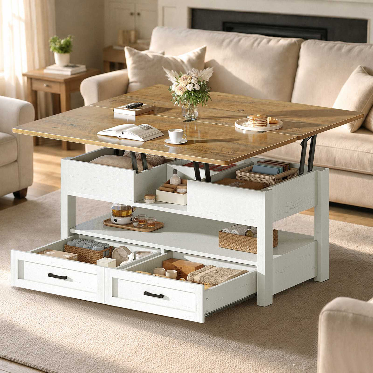 Itaar | 40 Inch Farmhouse Lift Top Coffee Table with 2 Drawers for Living Room