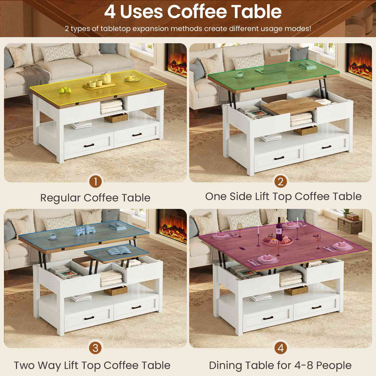 Itaar | 40 Inch Farmhouse Lift Top Coffee Table with 2 Drawers for Living Room