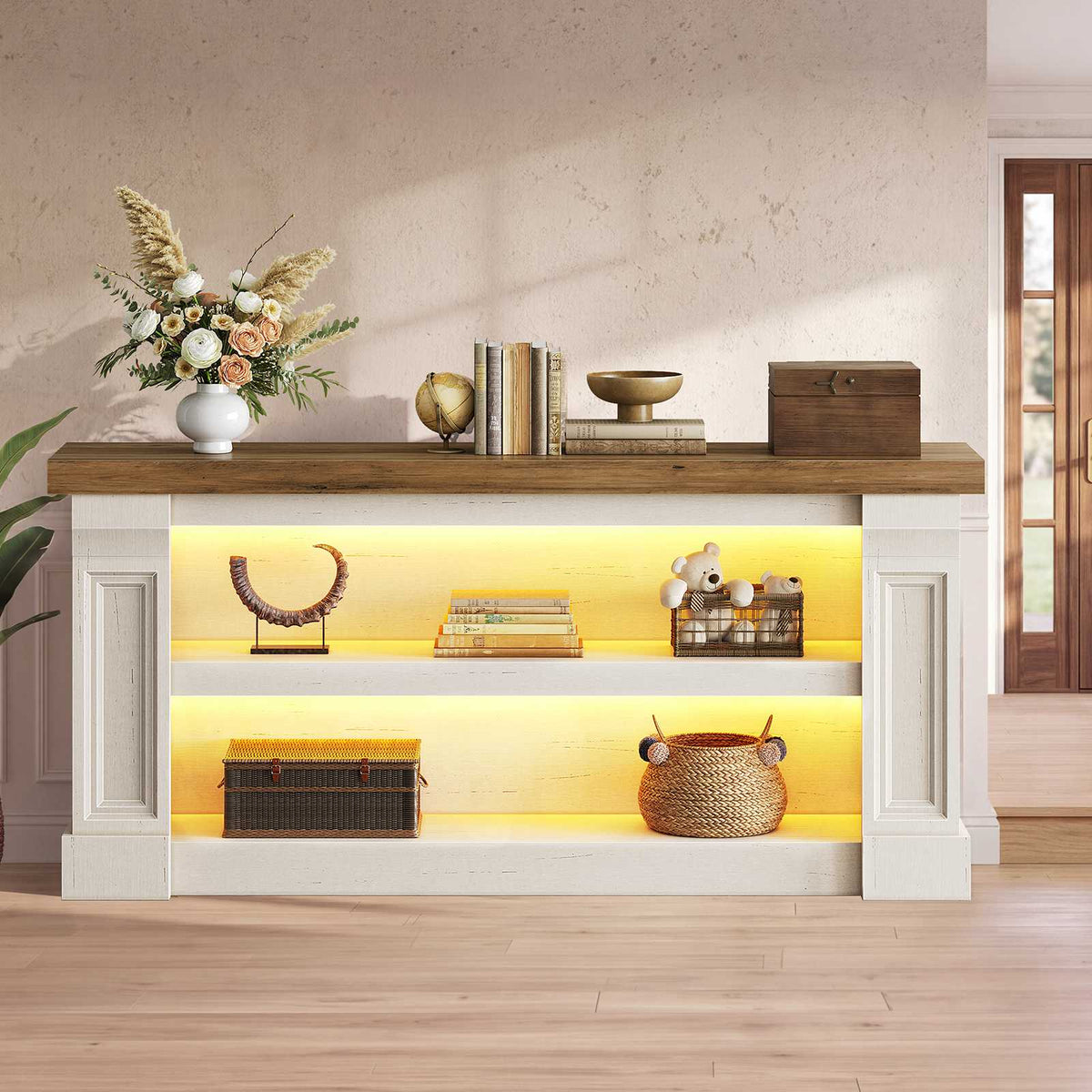 Itaar | 63 Inch Farmhouse Console Table with LED Lights and Charging Station