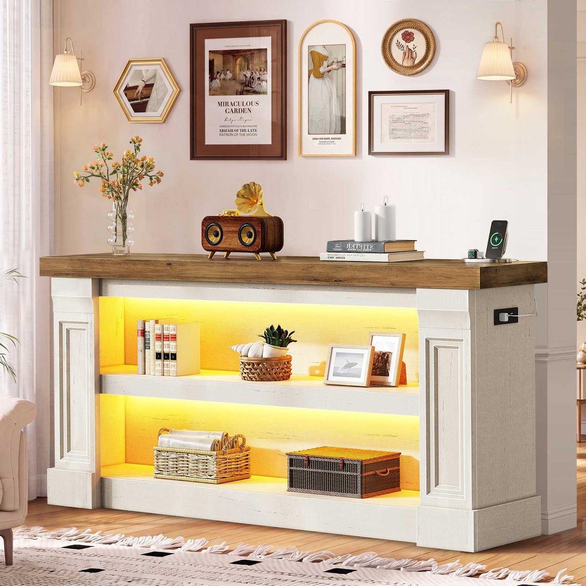 Itaar | 63 Inch Farmhouse Console Table with LED Lights and Charging Station