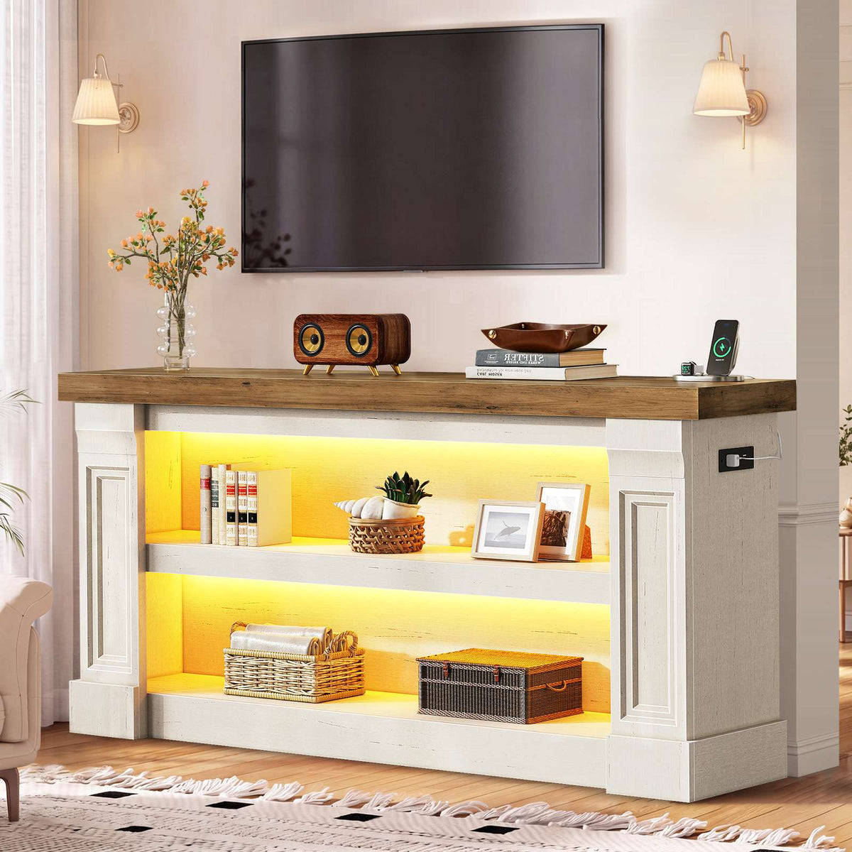 Itaar | 63 Inch Farmhouse Console Table with LED Lights and Charging Station