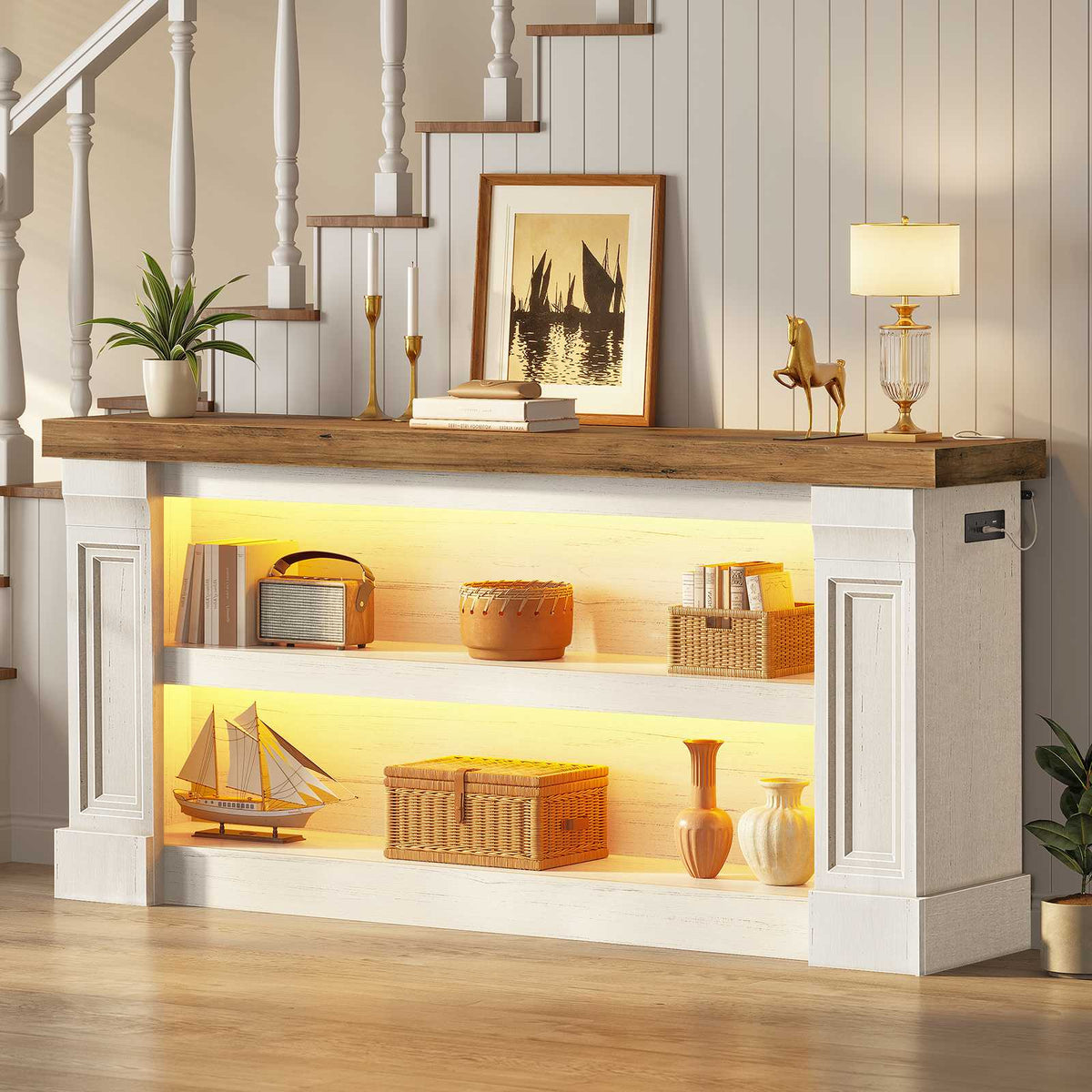Itaar | 63 Inch Farmhouse Console Table with LED Lights and Charging Station