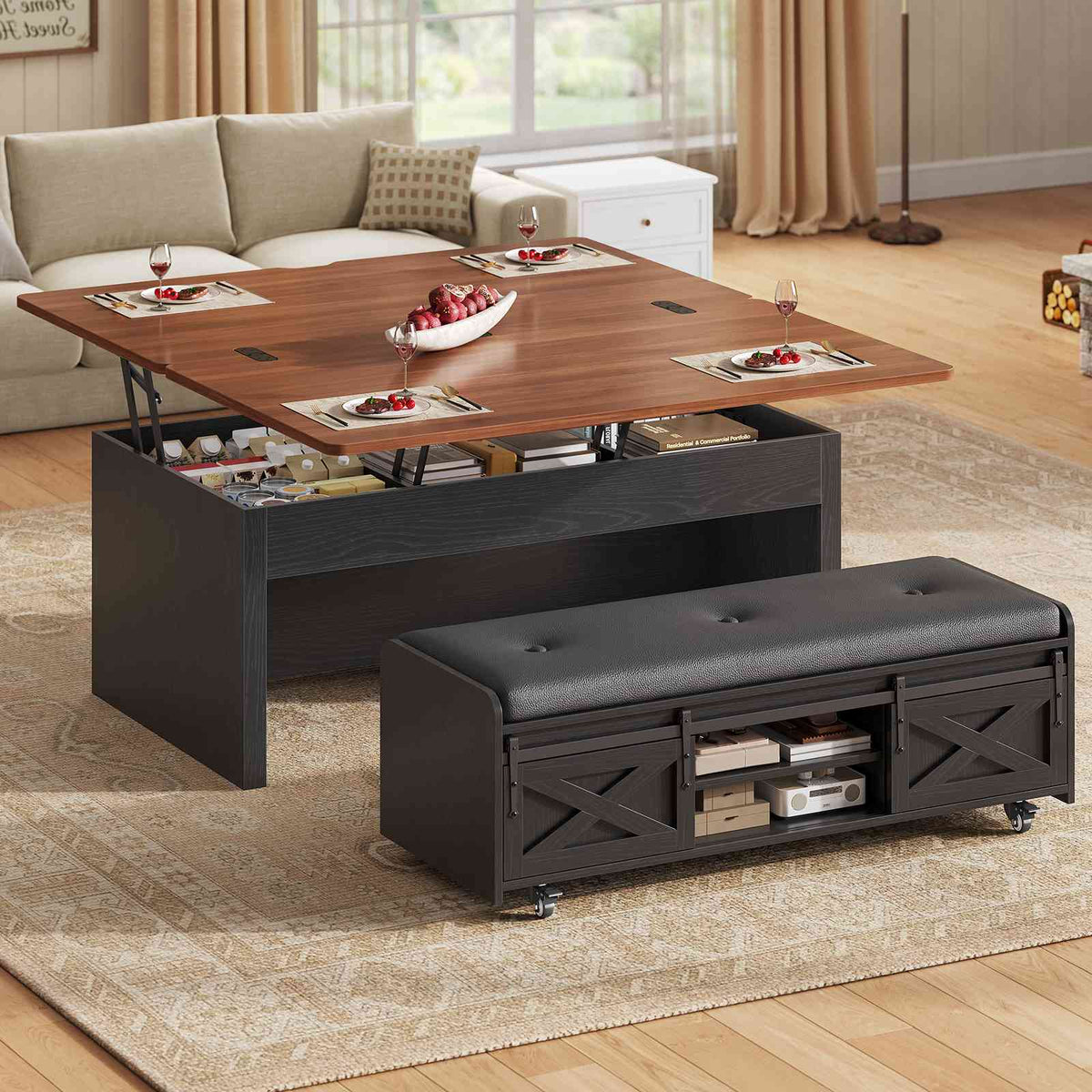 Itaar | Lift Top Coffee Table with Storage Bench  Farmhouse Convertible Coffee Table 4 Modes with Hidden Compartments