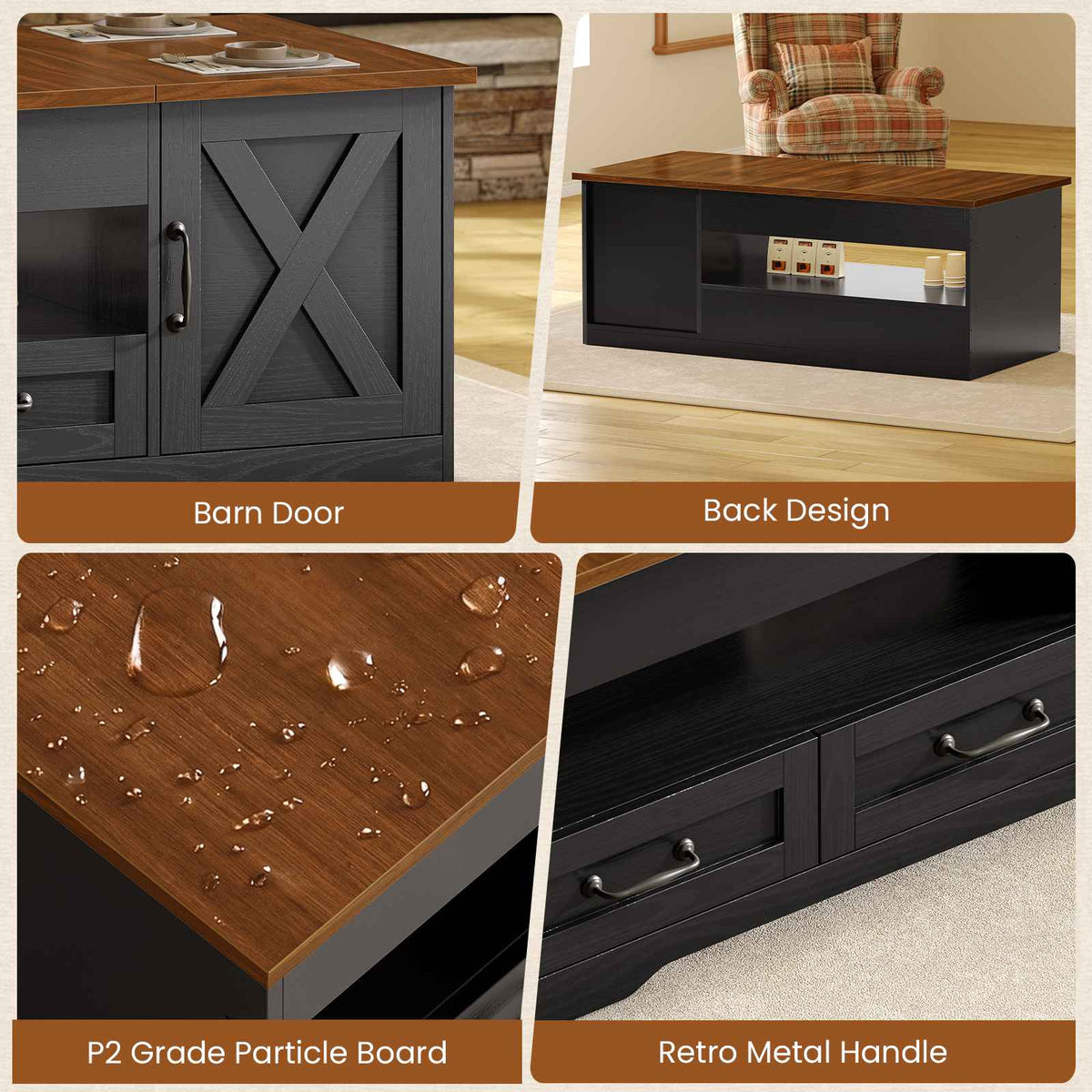Itaar | 39.4 Inch Farmhouse Lift Top Coffee Table with 2 Drawer Storage Cabinet