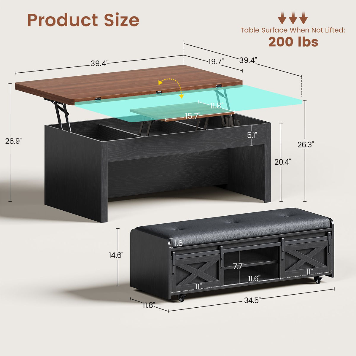 Itaar | Lift Top Coffee Table with Storage Bench  Farmhouse Convertible Coffee Table 4 Modes with Hidden Compartments