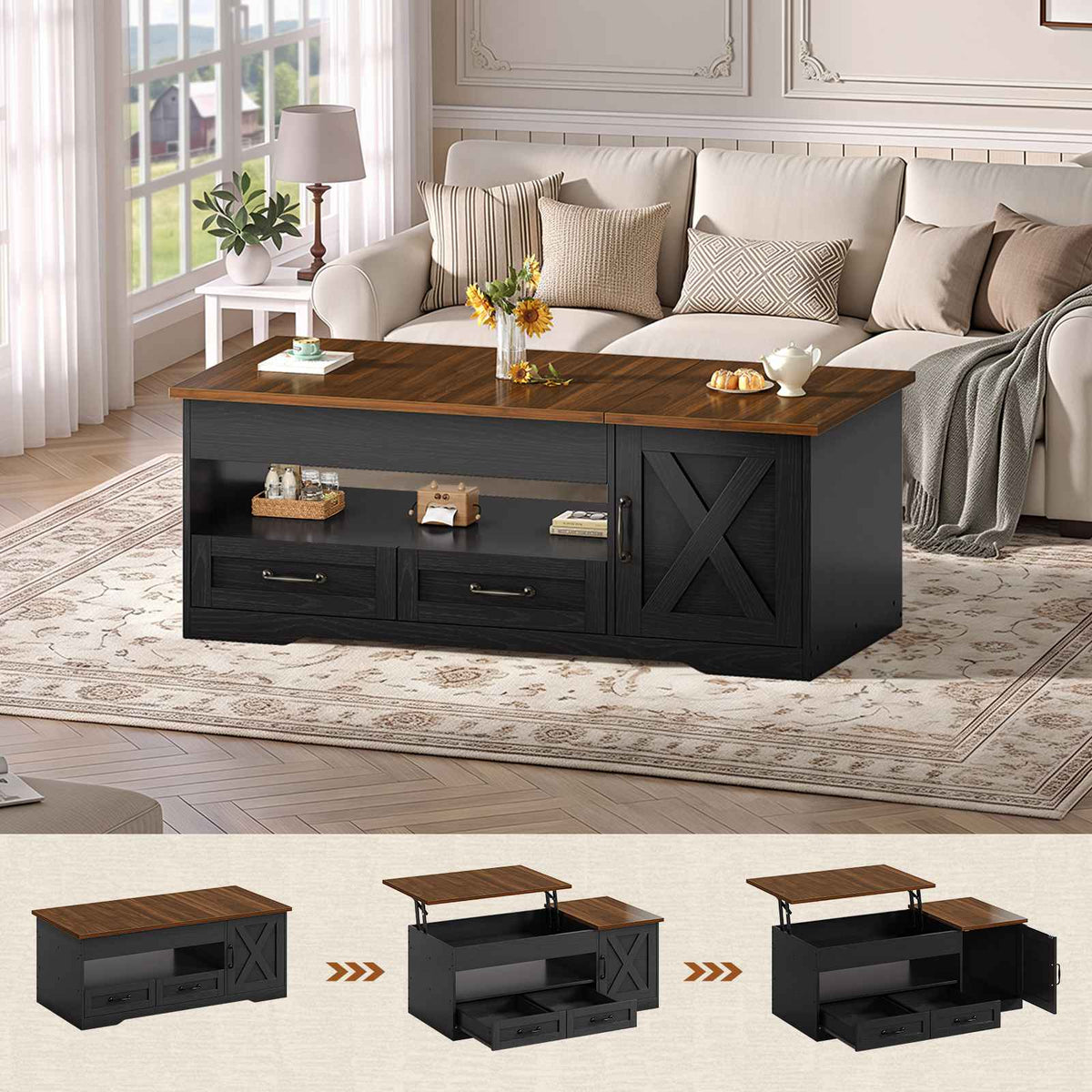 Itaar | 39.4 Inch Farmhouse Lift Top Coffee Table with 2 Drawer Storage Cabinet