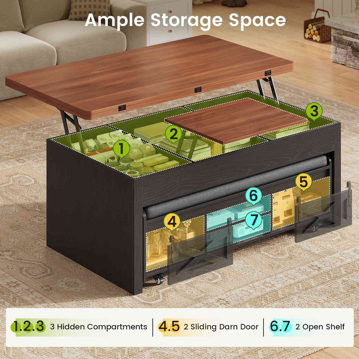 Itaar | Lift Top Coffee Table with Storage Bench  Farmhouse Convertible Coffee Table 4 Modes with Hidden Compartments