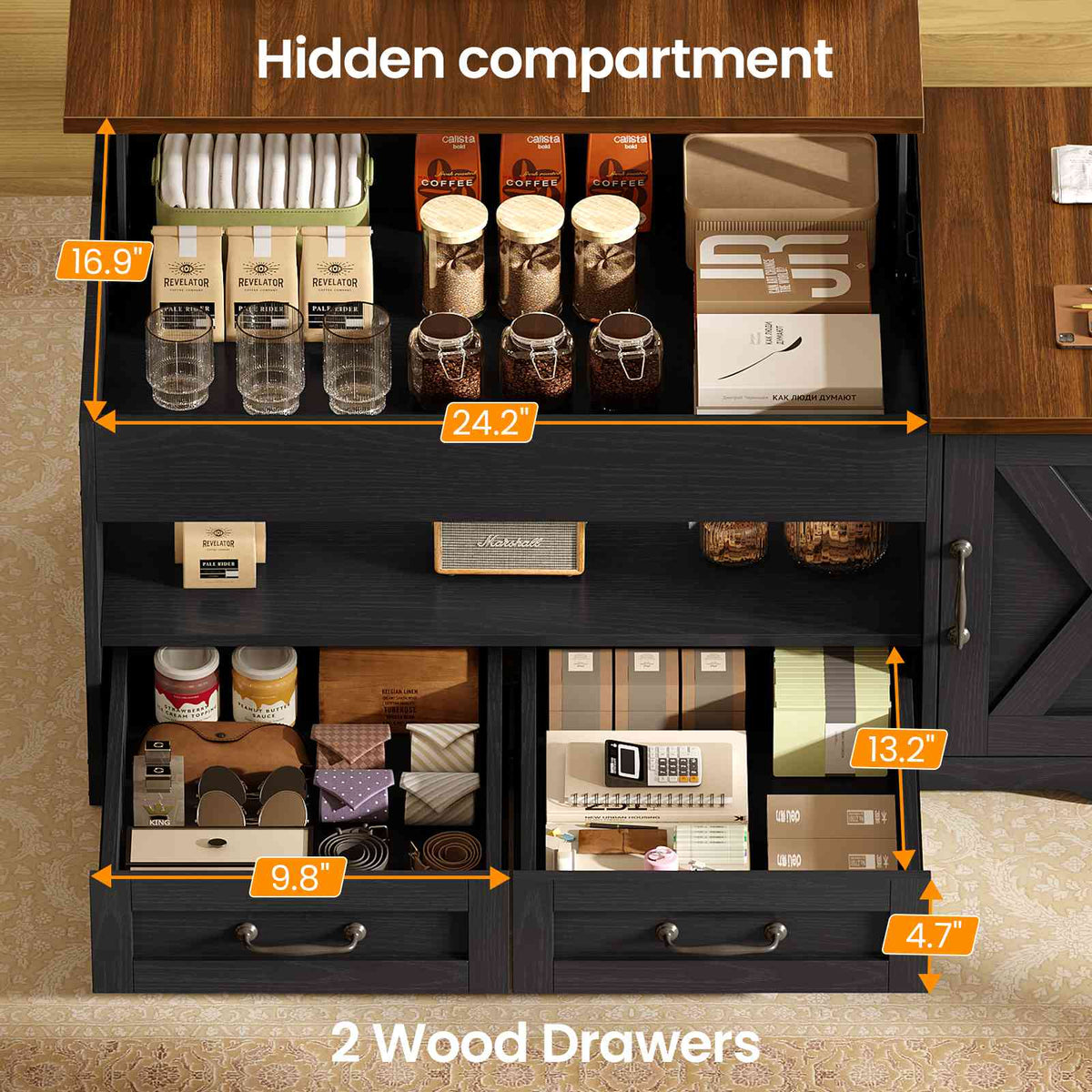Itaar | 39.4 Inch Farmhouse Lift Top Coffee Table with 2 Drawer Storage Cabinet