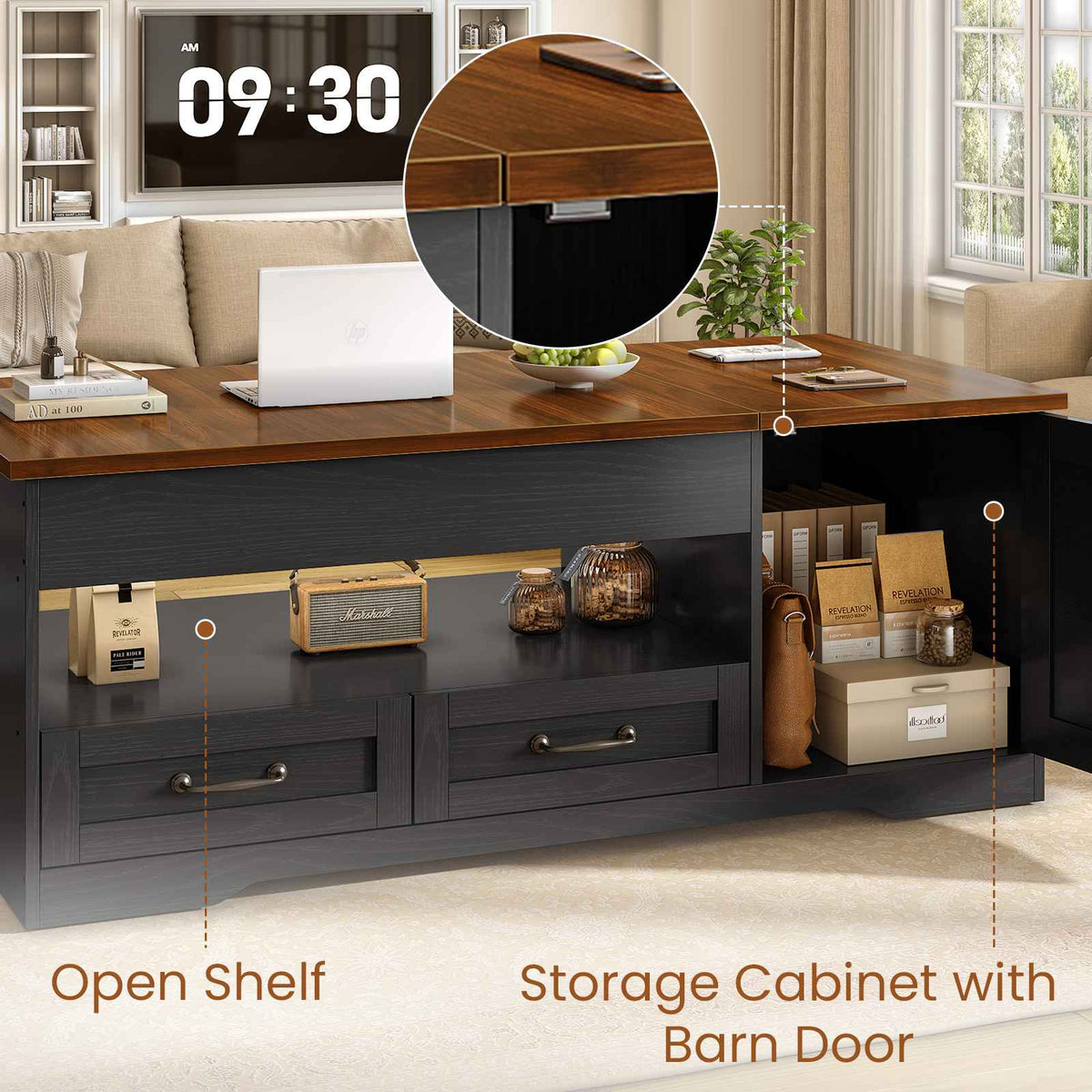 Itaar | 39.4 Inch Farmhouse Lift Top Coffee Table with 2 Drawer Storage Cabinet