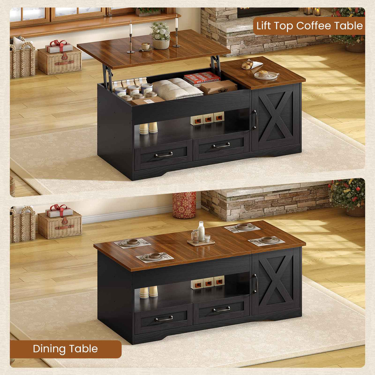 Itaar | 39.4 Inch Farmhouse Lift Top Coffee Table with 2 Drawer Storage Cabinet