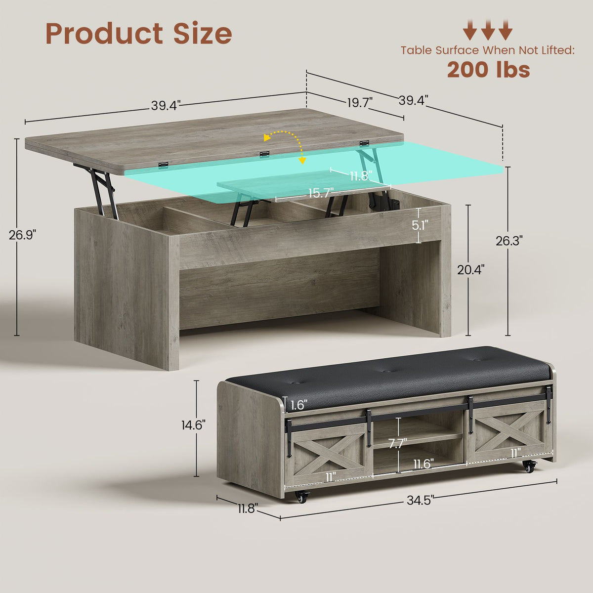 Itaar | Lift Top Coffee Table with Storage Bench  Farmhouse Convertible Coffee Table 4 Modes with Hidden Compartments