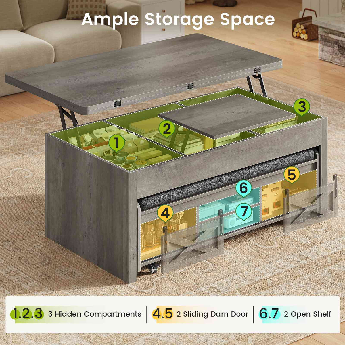 Itaar | Lift Top Coffee Table with Storage Bench  Farmhouse Convertible Coffee Table 4 Modes with Hidden Compartments
