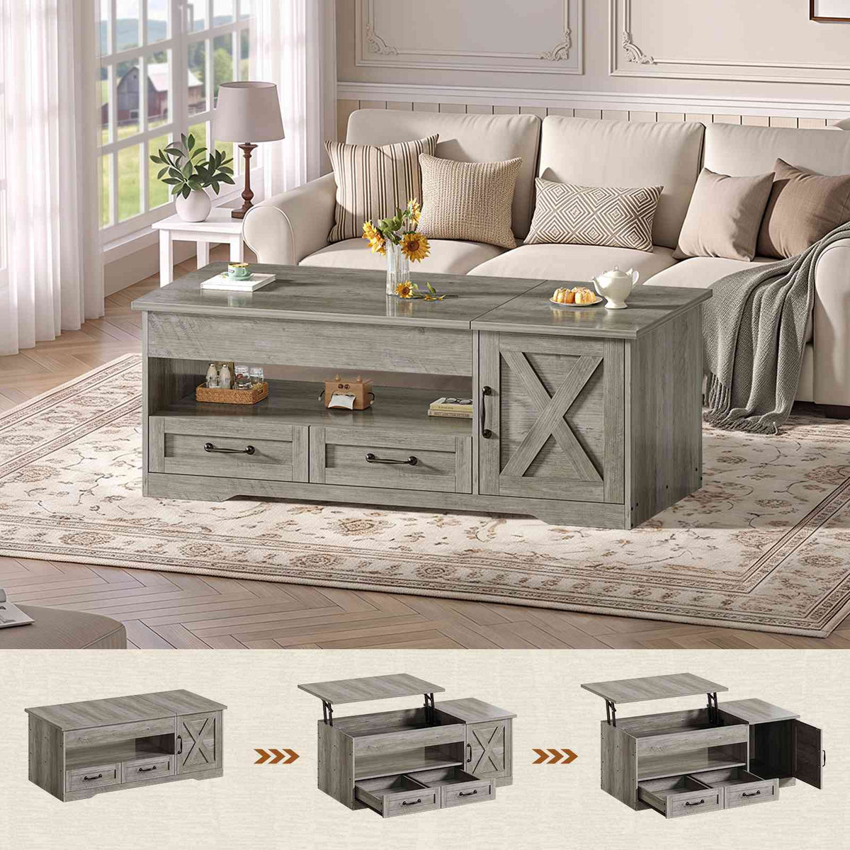 Itaar | 39.4 Inch Farmhouse Lift Top Coffee Table with 2 Drawer Storage Cabinet