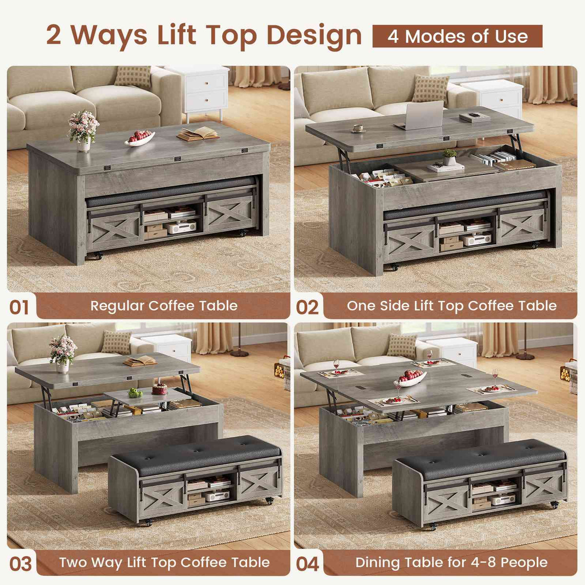 Itaar | Lift Top Coffee Table with Storage Bench  Farmhouse Convertible Coffee Table 4 Modes with Hidden Compartments