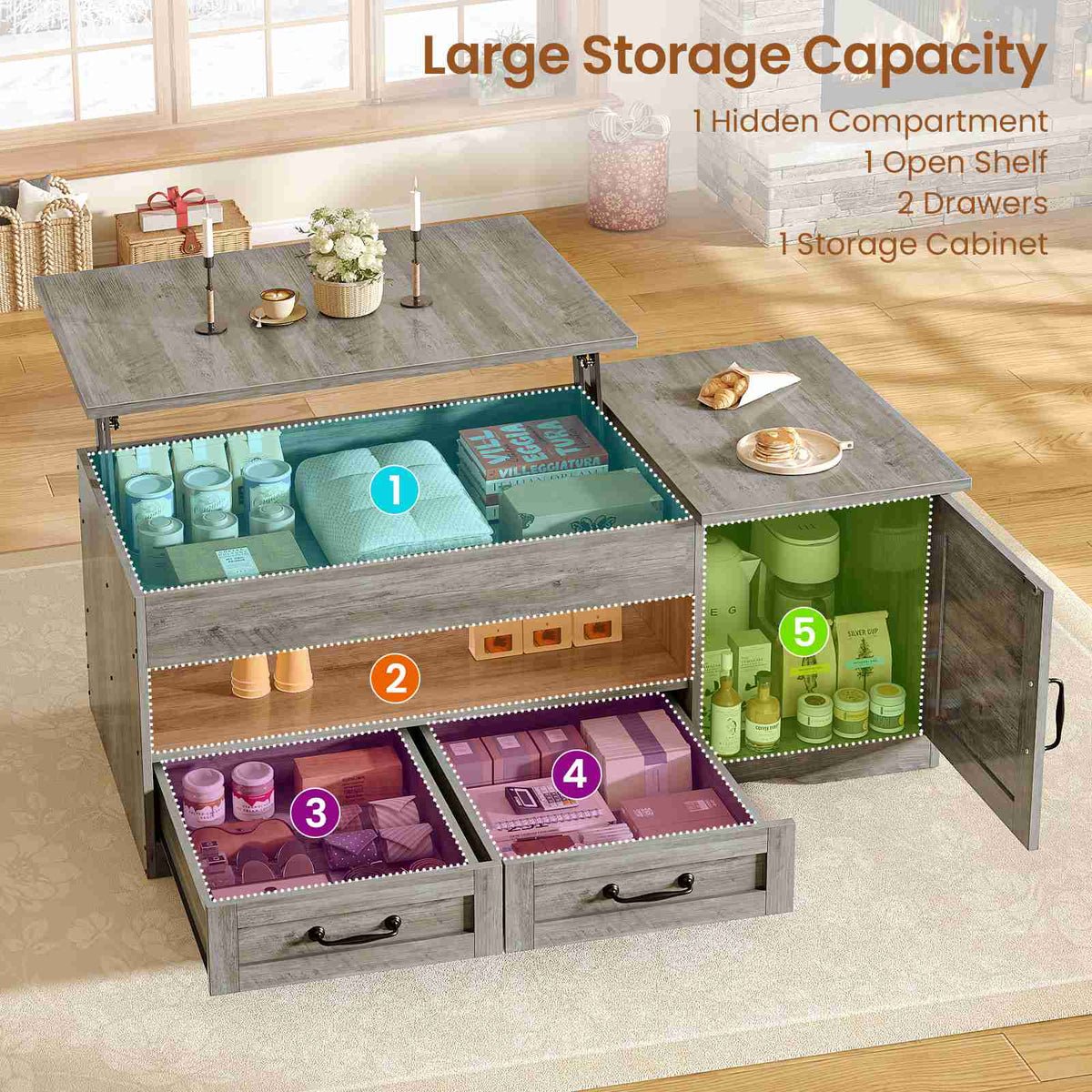 Itaar | 39.4 Inch Farmhouse Lift Top Coffee Table with 2 Drawer Storage Cabinet
