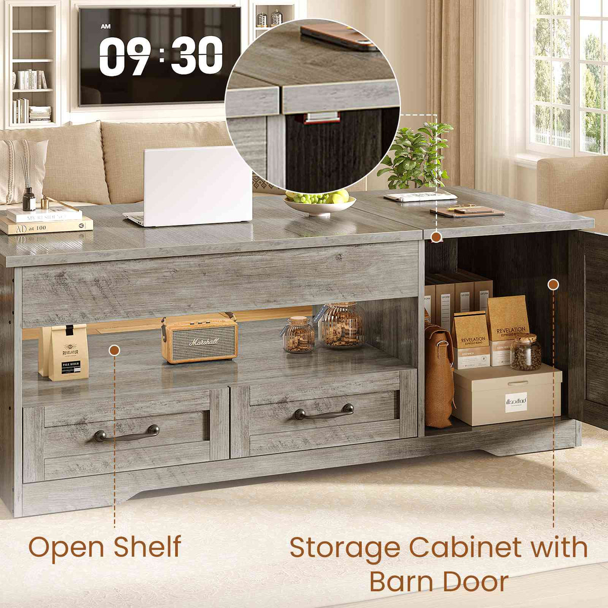 Itaar | 39.4 Inch Farmhouse Lift Top Coffee Table with 2 Drawer Storage Cabinet