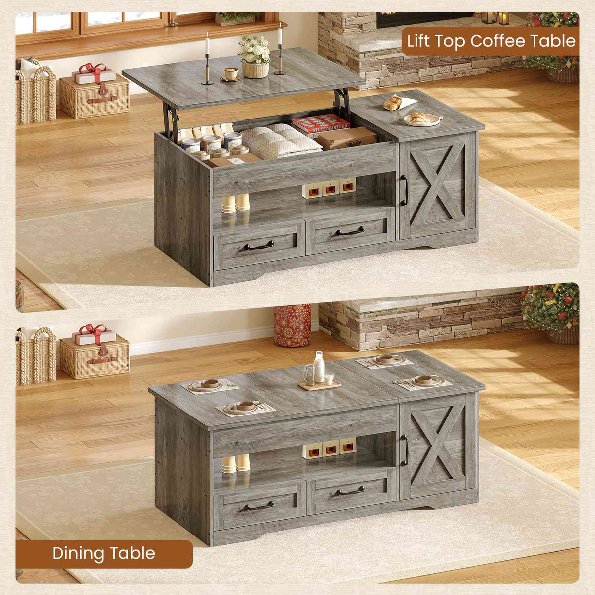 Itaar | 39.4 Inch Farmhouse Lift Top Coffee Table with 2 Drawer Storage Cabinet