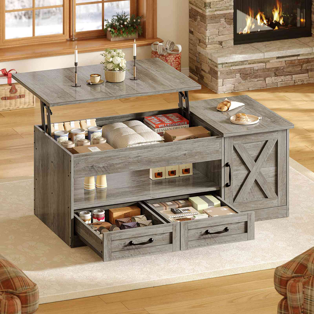 Itaar | 39.4 Inch Farmhouse Lift Top Coffee Table with 2 Drawer Storage Cabinet