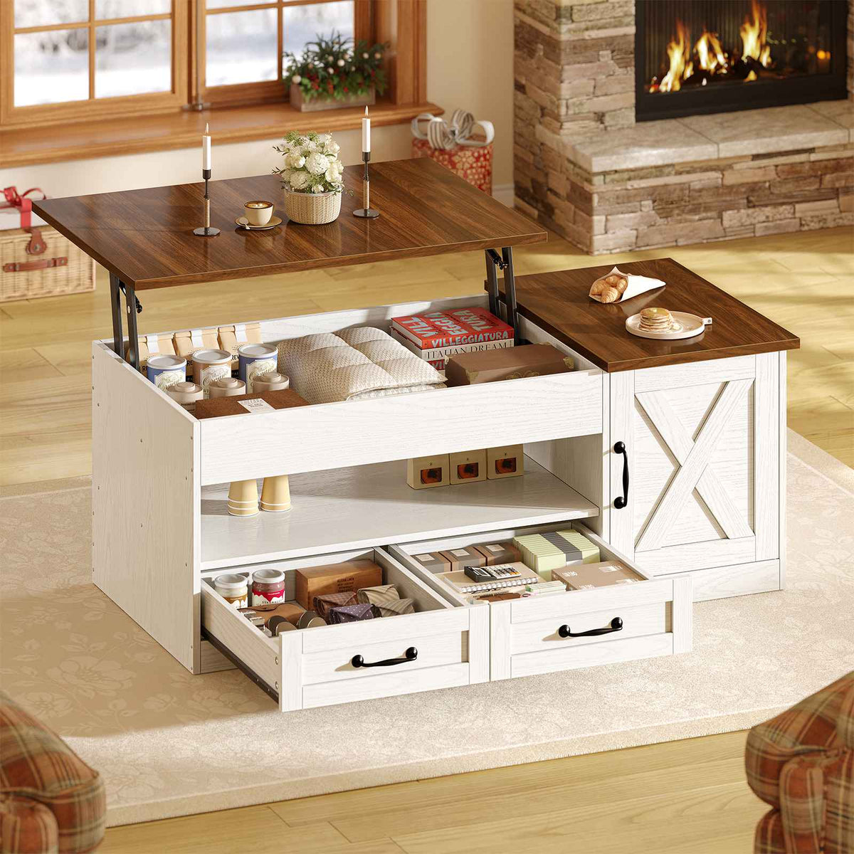 Itaar | 39.4 Inch Farmhouse Lift Top Coffee Table with 2 Drawer Storage Cabinet