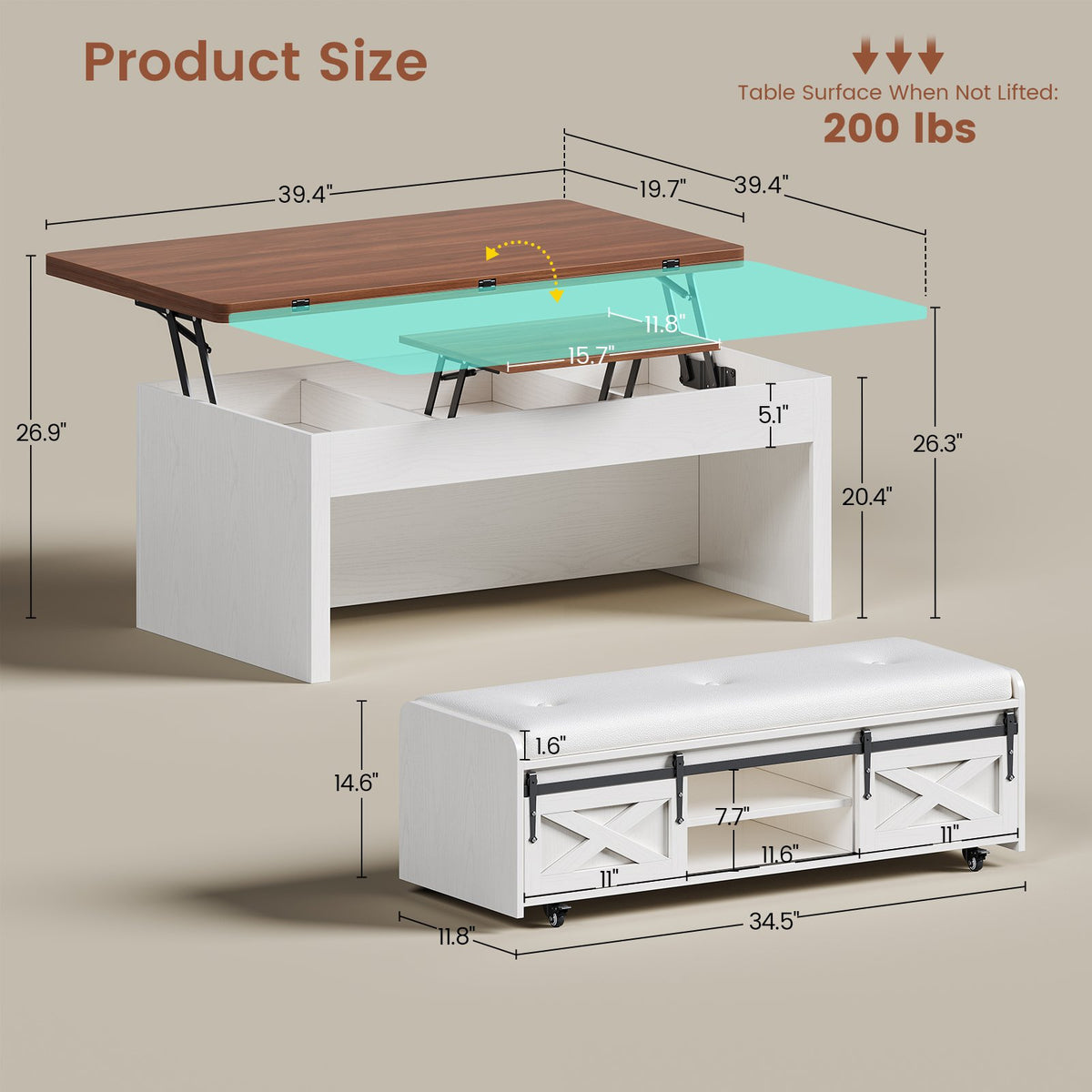 Itaar | Lift Top Coffee Table with Storage Bench  Farmhouse Convertible Coffee Table 4 Modes with Hidden Compartments