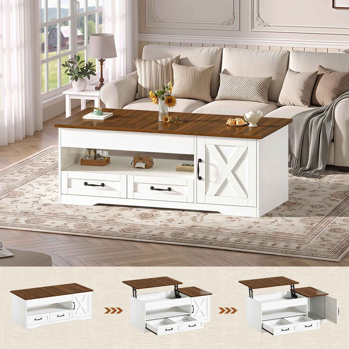 Itaar | 39.4 Inch Farmhouse Lift Top Coffee Table with 2 Drawer Storage Cabinet